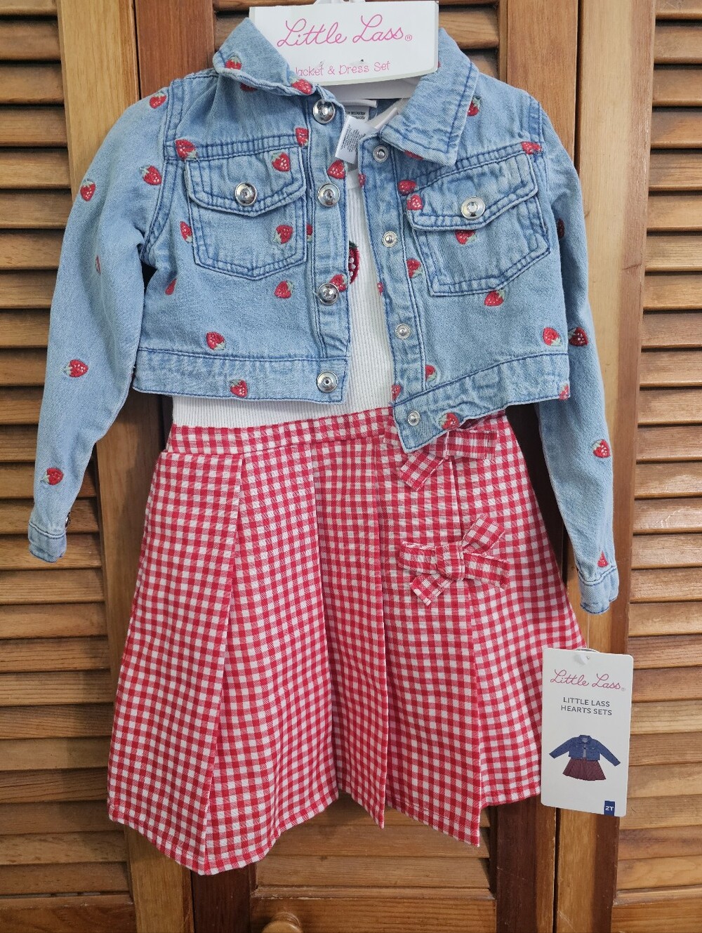 Little Lass Strawberry Denim Jacket & Gingham Dress Set 2T NWT